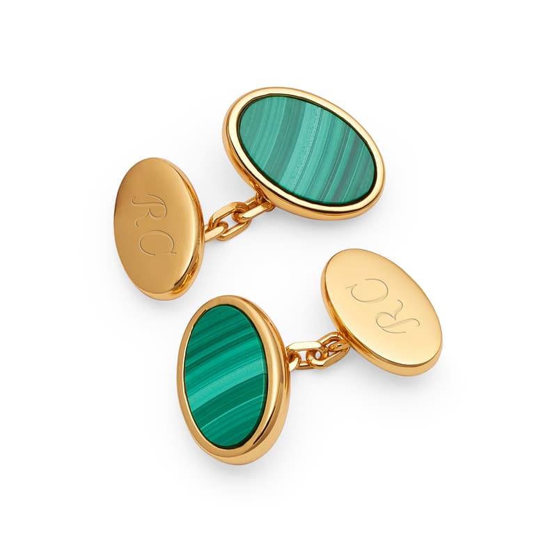 Aspinal of London Oval Slice Cufflinks in Malachite & 18ct Gold Plated Aspinal of London Oval Slice Cufflinks in Malachite & 18ct Gold Plated