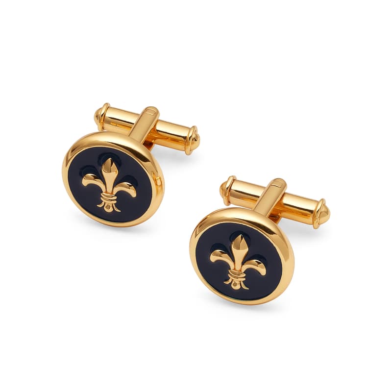 Aspinal of London Fleur De Lis Cufflinks in Navy Enamel & 18ct Gold Plated