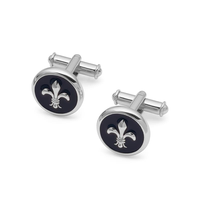 Aspinal of London Fleur De Lis Cufflinks in Navy Enamel & Silver Plated
