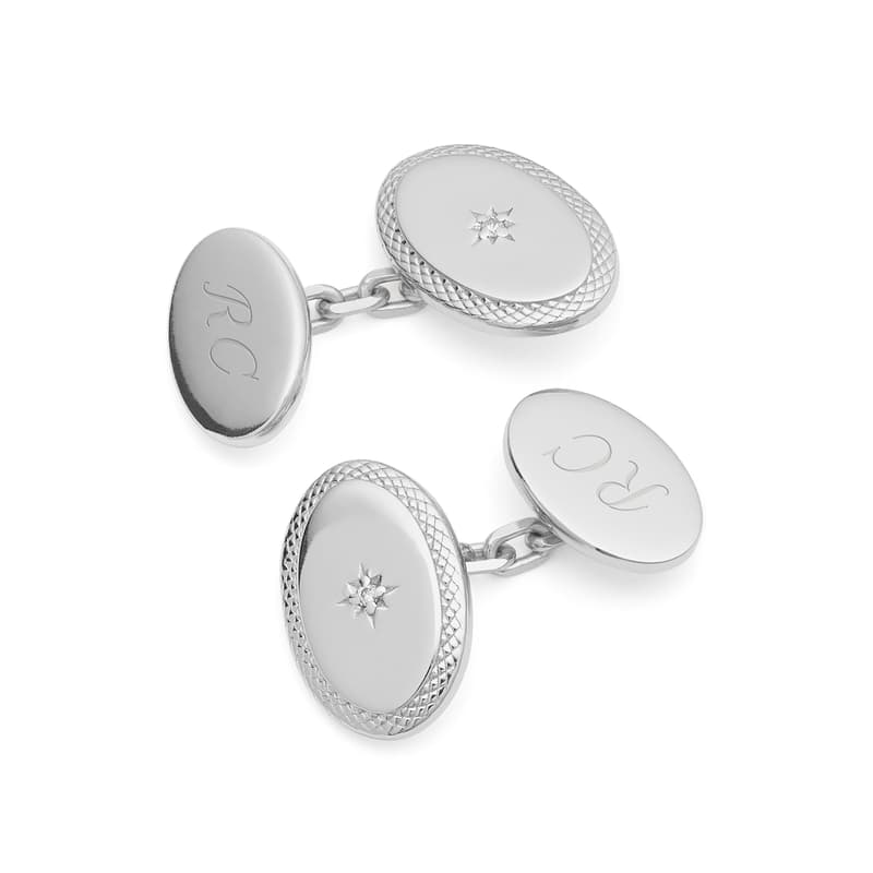 Aspinal of London Diamond Faceted Oval Cufflinks in Sterling Silver