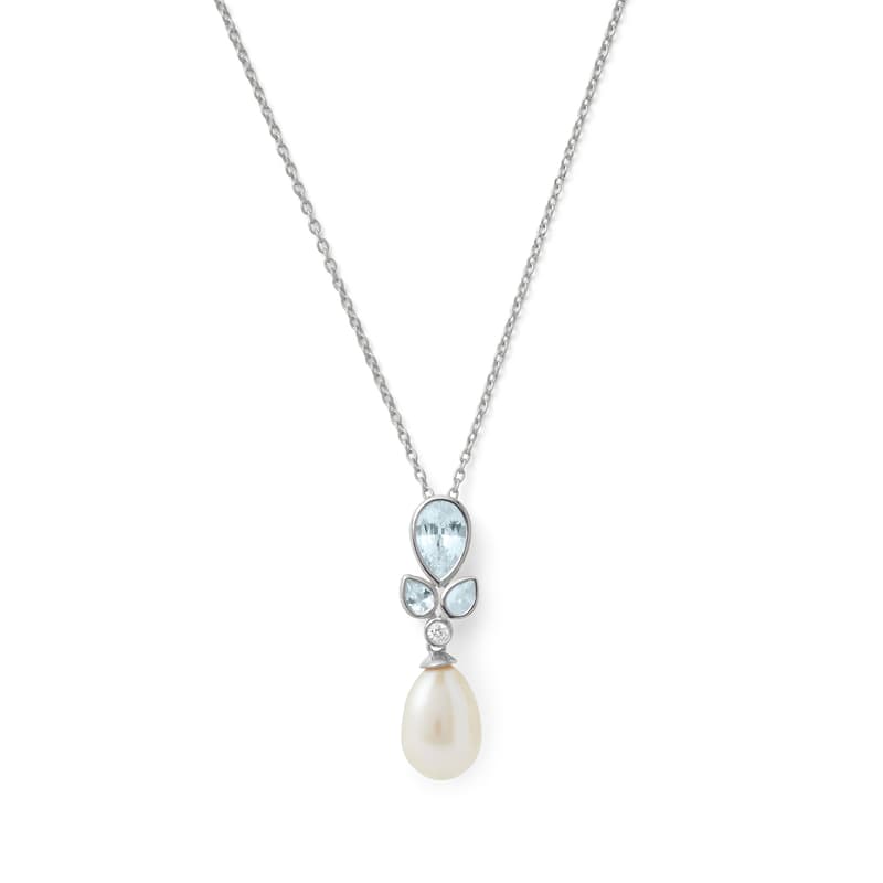 Aspinal of London Floral Necklace with Aquamarine, Diamond & Pearl in 14ct White Gold