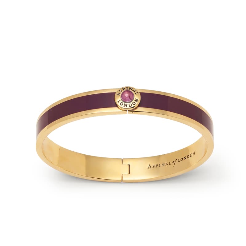 Aspinal of London Gemstone Enamel Bangle in Fig with Amethyst & 18ct Gold Plated