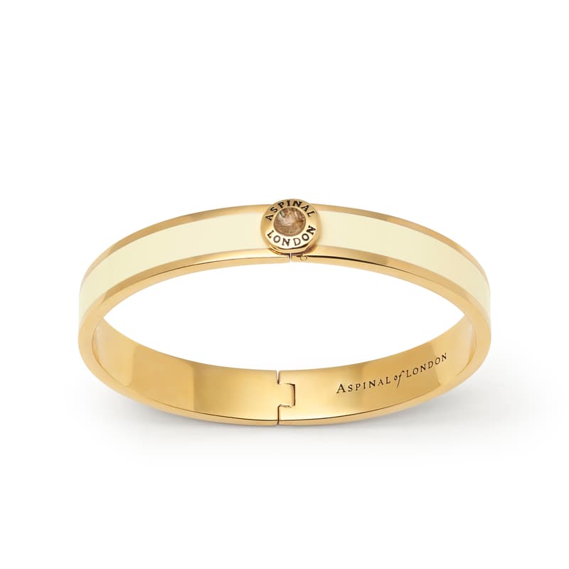 Aspinal of London Gemstone Enamel Bangle in Ivory with Labradorite & 18ct Gold Plated Aspinal of London Gemstone Enamel Bangle in Ivory with Labradorite & 18ct Gold Plated