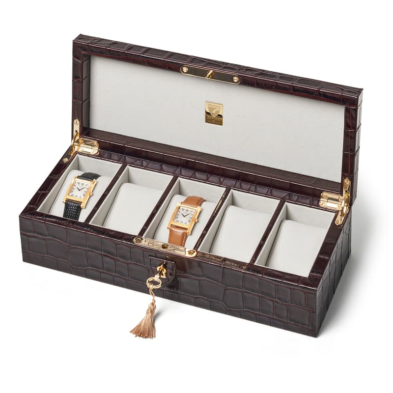 Aspinal of London Five Piece Watch Box in Deep Shine Amazon Brown Croc & Stone Suede