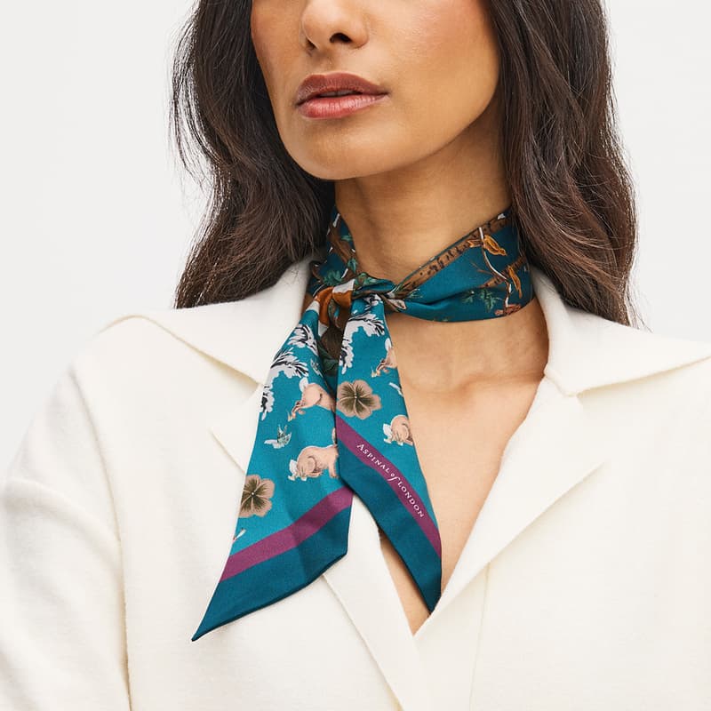 Aspinal of London Woodland Skinny Scarf in Fig & Peacock Pure Silk