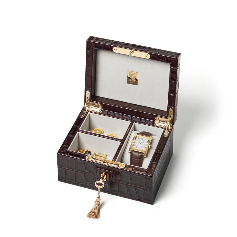 Aspinal of London Watch & Cufflinks Box in Deep Shine Amazon Brown Croc