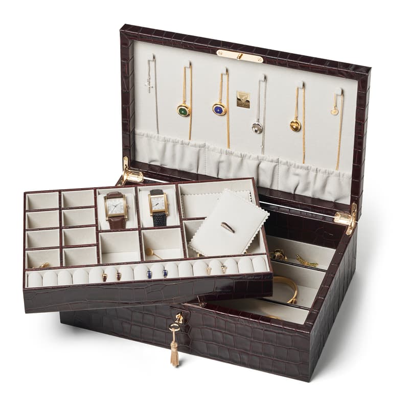 Aspinal of London Prestige Jewellery Box in Deep Shine Amazon Brown Croc