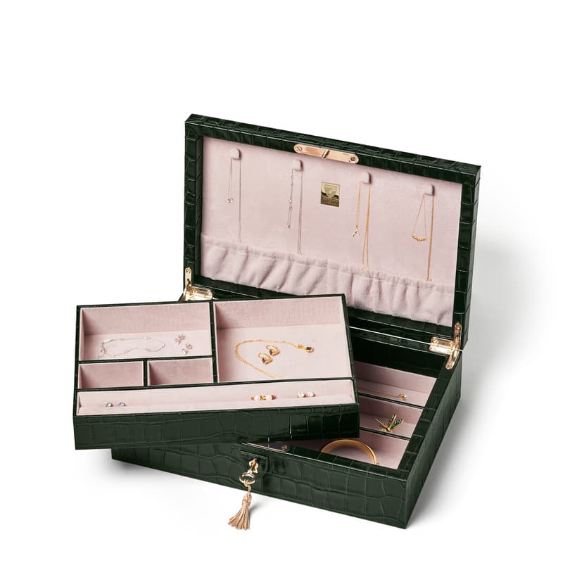 Aspinal of London Savoy Jewellery Box in Deep Shine Evergreen Small Croc Aspinal of London Savoy Jewellery Box in Deep Shine Evergreen Small Croc