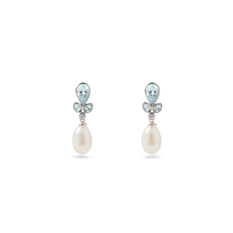 Aspinal of London Floral Earrings with Aquamarine, Diamond & Pearl in 14ct White Gold