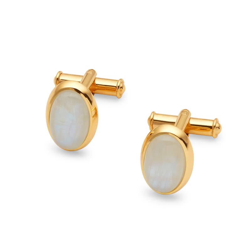 Aspinal of London Oval Cufflinks in Rainbow Moonstone & 18ct Gold Plated