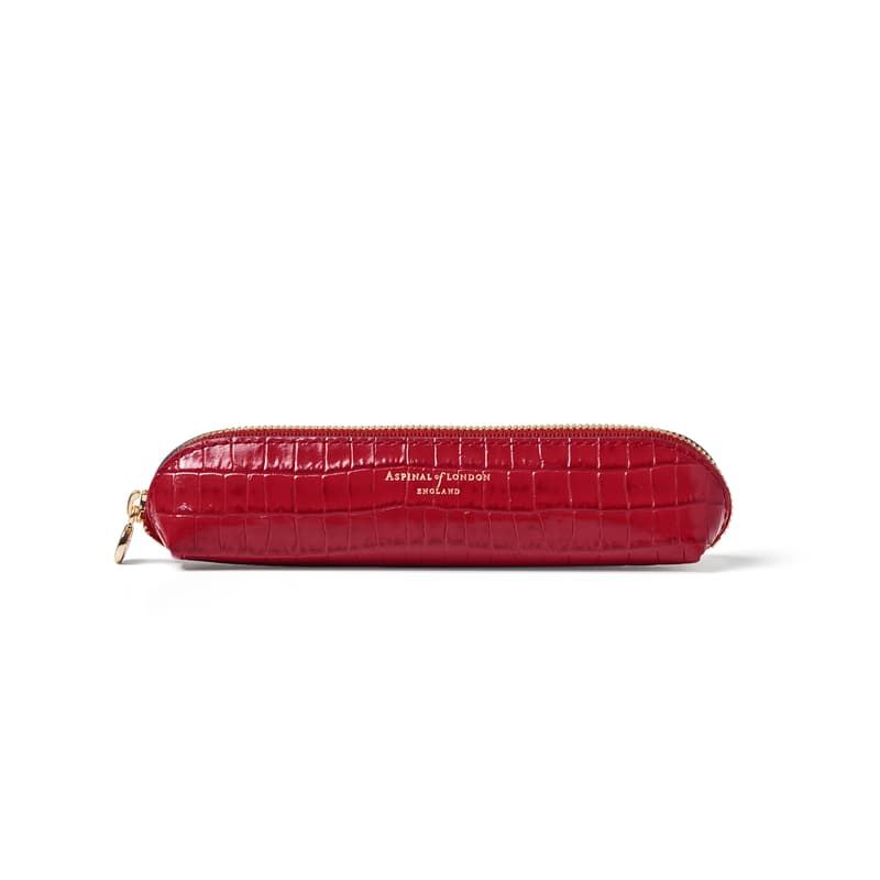 Aspinal of London Slim Pen Case in Deep Shine Cherry Red Small Croc