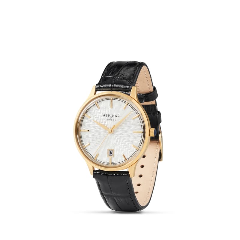 Aspinal of London Mount Street Watch in Black Croc & Light Gold