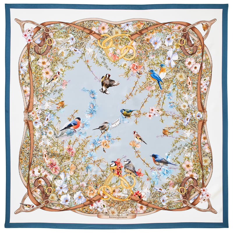 Aspinal of London Edwardian Garden Silk Scarf in Sky Blue Pure Silk
