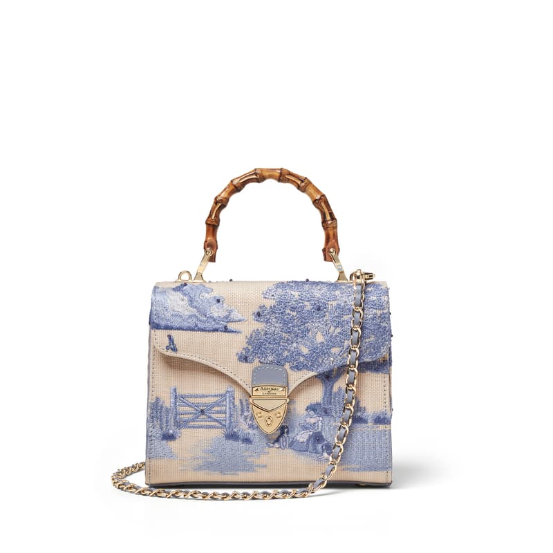 Aspinal of London Midi Mayfair® in Toile De Jouy Hand Embroidery on Canvas Raffia