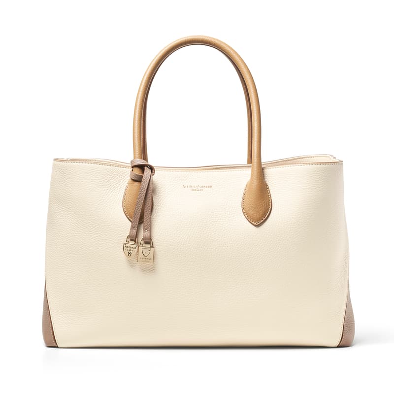 Aspinal of London Tote in Soft Taupe & Ivory Pebble with Engravable Charm
