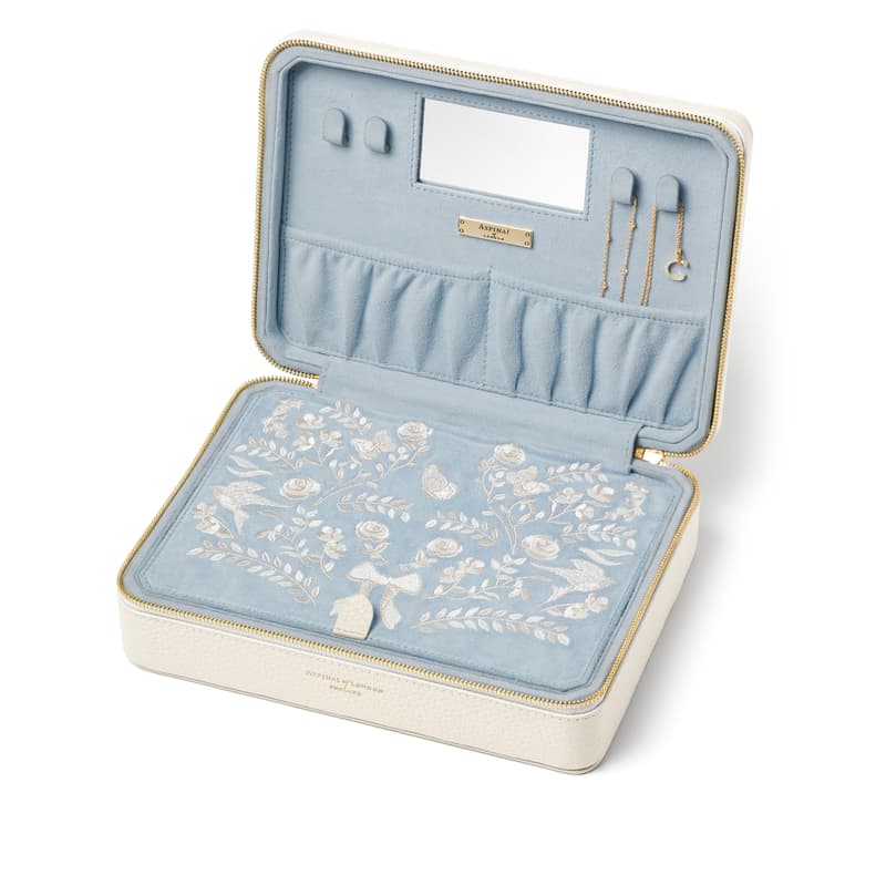 Aspinal of London Large Travel Jewellery Case in Embroidered Ivory Peb
