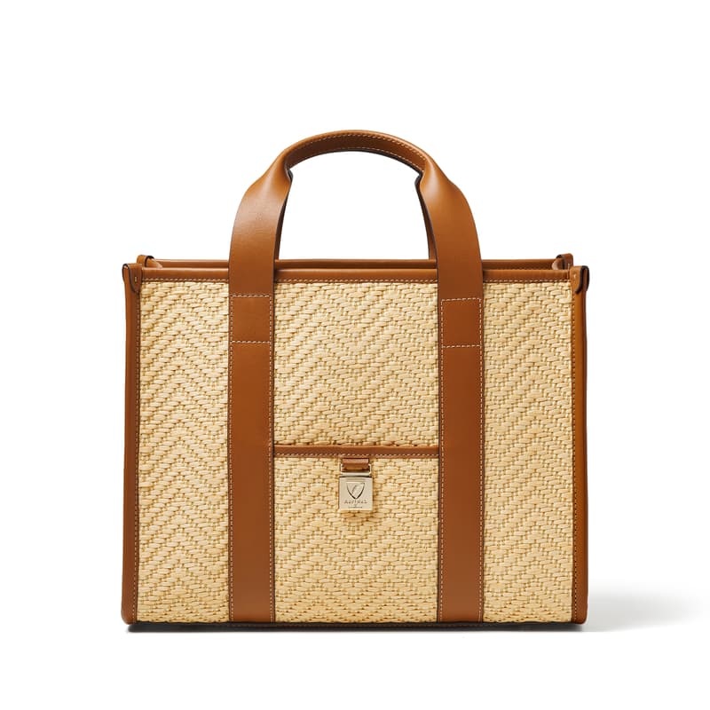 Aspinal of London Henley Tote in Natural Chevron Raffia & Smooth Tan