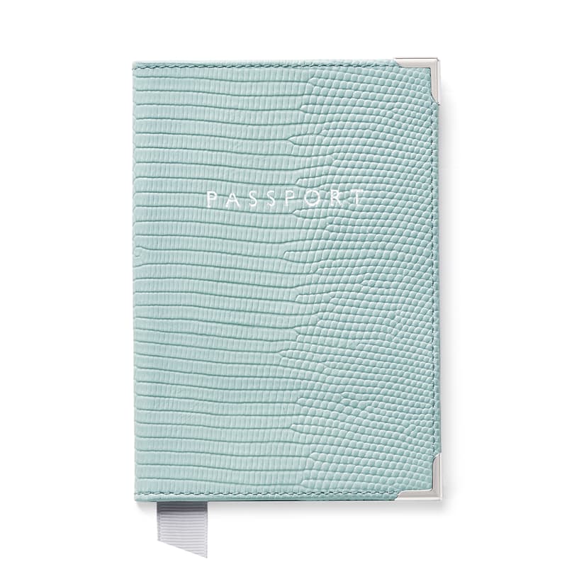 Aspinal of London Passport Cover in Pool Blue Lizard