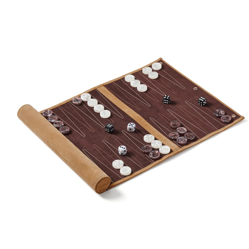 Aspinal of London Travel Backgammon Set in Cappuccino Suede