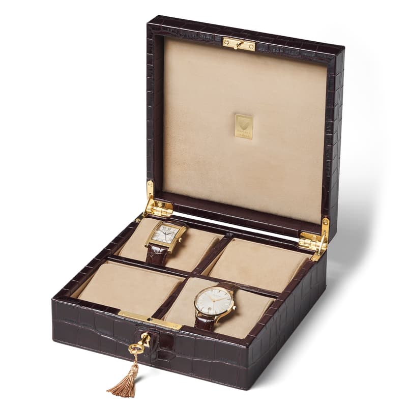 Aspinal of London Harrison Four Piece Watch Box in Deep Shine Amazon Brown Croc & Stone Suede