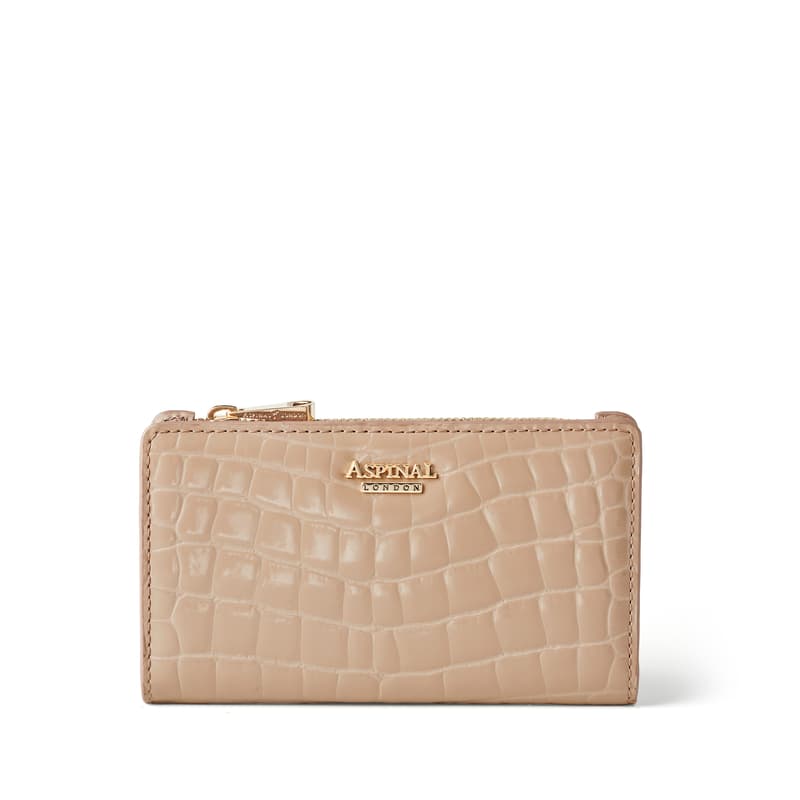 Aspinal of London Mayfair Coin & Card Leather Wallet in Soft Taupe Patent Croc