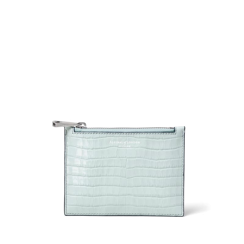 Aspinal of London - Kleine, flache Essential-Tasche in tiefem Glanz-Poolblau, kleines Krokodil