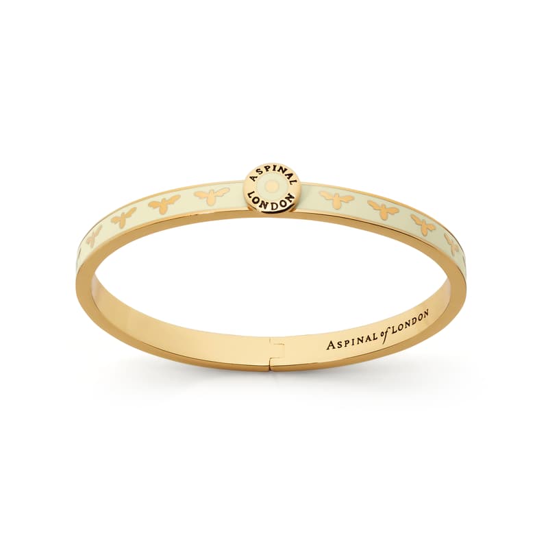 Aspinal of London Thin Bee Bangle in Ivory Enamel & 18ct Gold Plated
