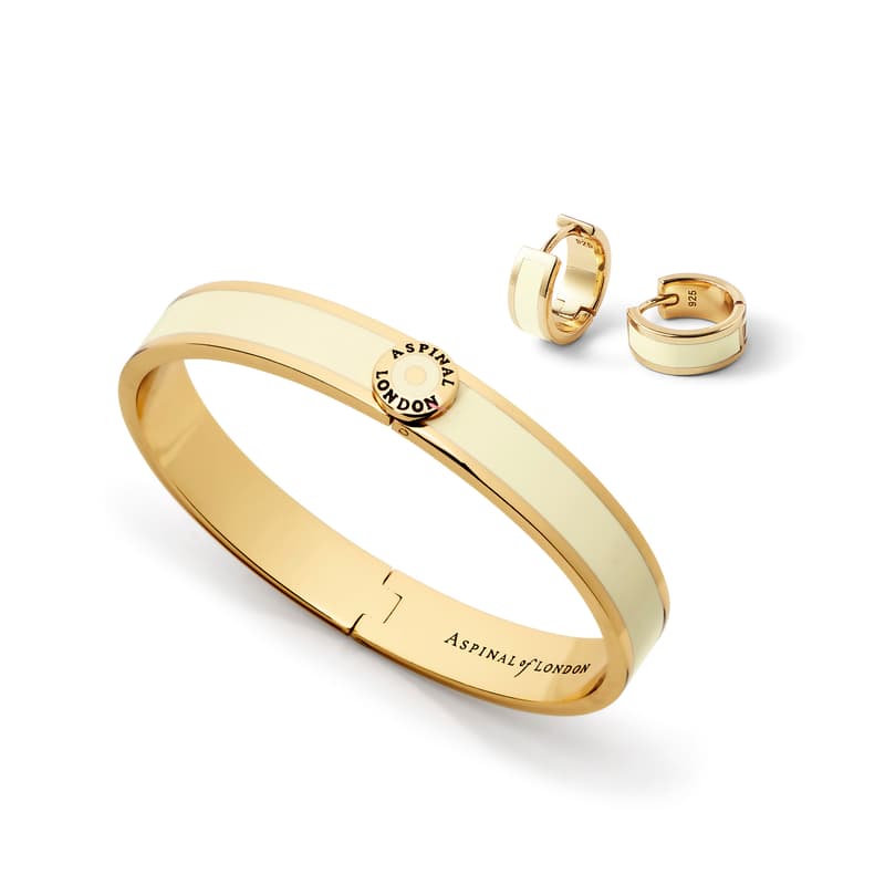 Aspinal of London Enamel Huggie Earrings & Bangle Set in Ivory Enamel & 18ct Gold Plated