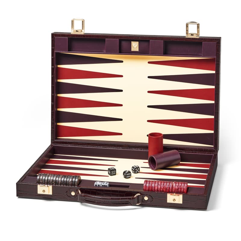Aspinal of London 17-inch Backgammon Set in Deep Shine Amazon Brown Croc