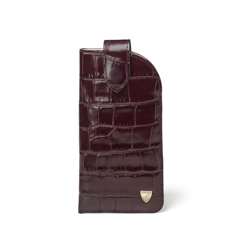 Aspinal of London Glasses Case with Tab in Deep Shine Amazon Brown Croc
