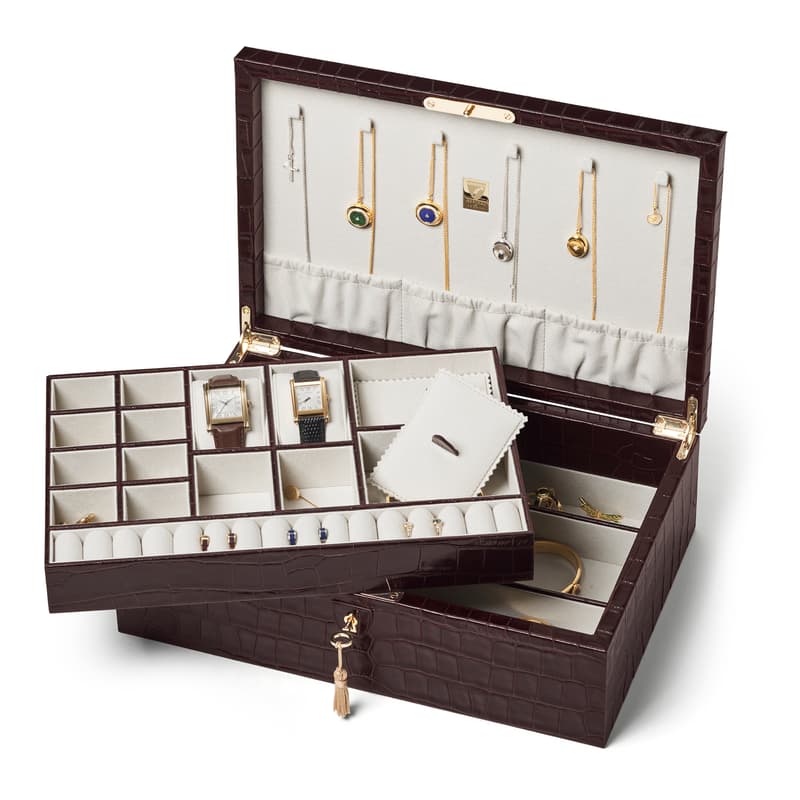 Aspinal of London Prestige Jewellery Box in Deep Shine Amazon Brown Croc