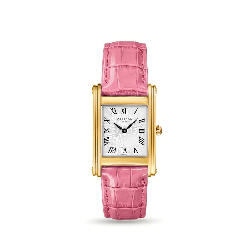 Aspinal of London Mayfair Klassische Uhr in tiefglänzendem Pink Croc & 23 Karat vergoldet