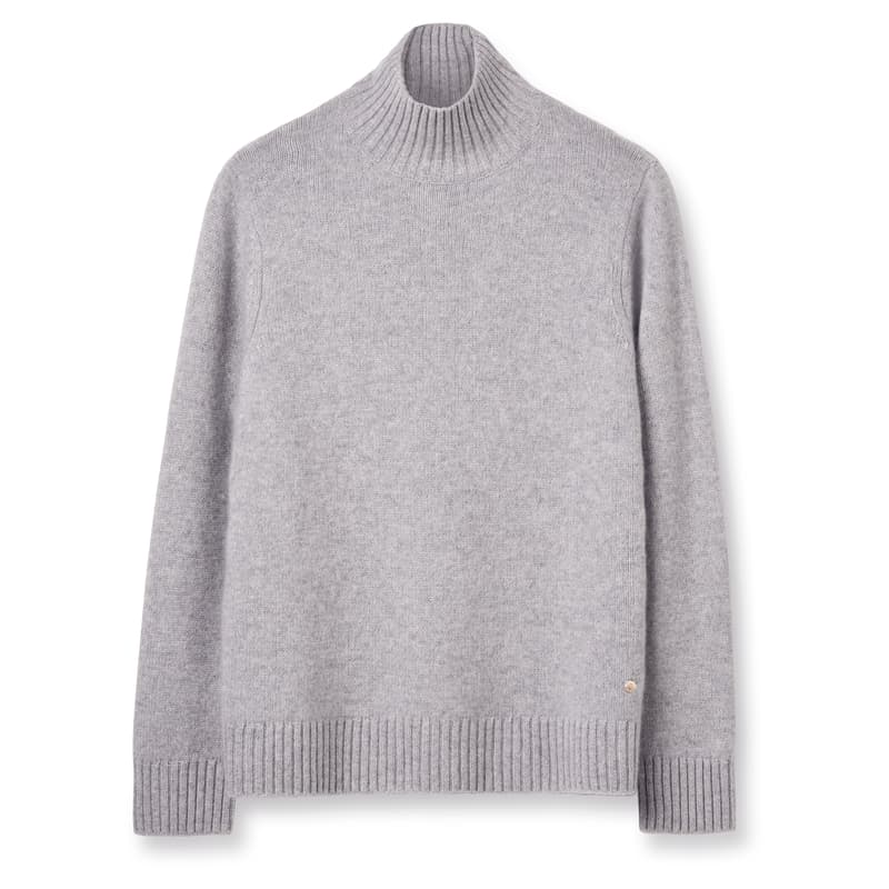 Aspinal of London Funnel Neck Cashmere Jumper in Light Grey Melange