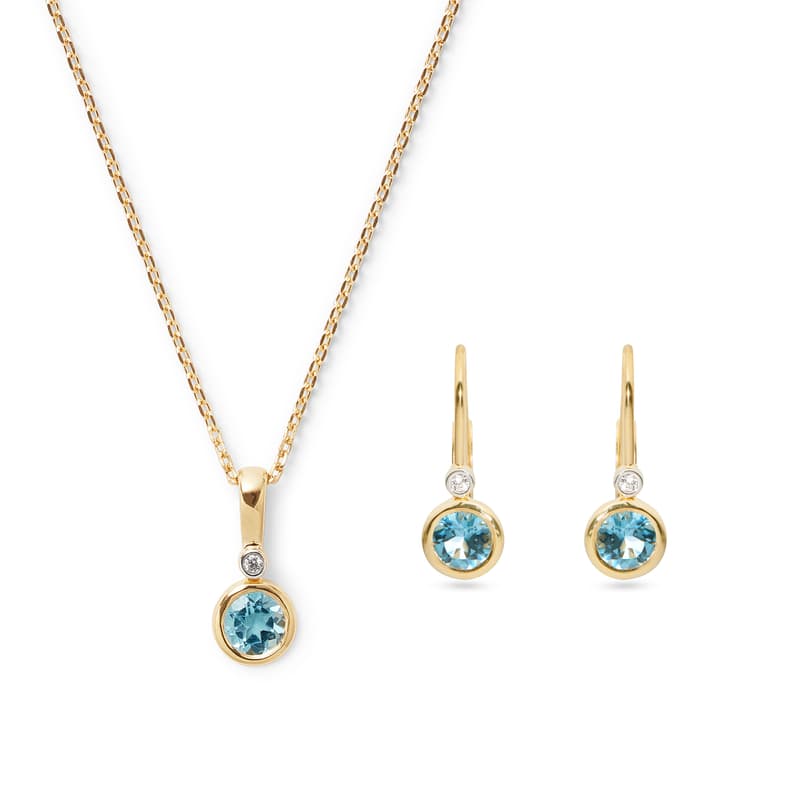 Aspinal of London Diamond Necklace & Earrings Set in Swiss Blue Topaz, Diamond & 14ct Solid Gold