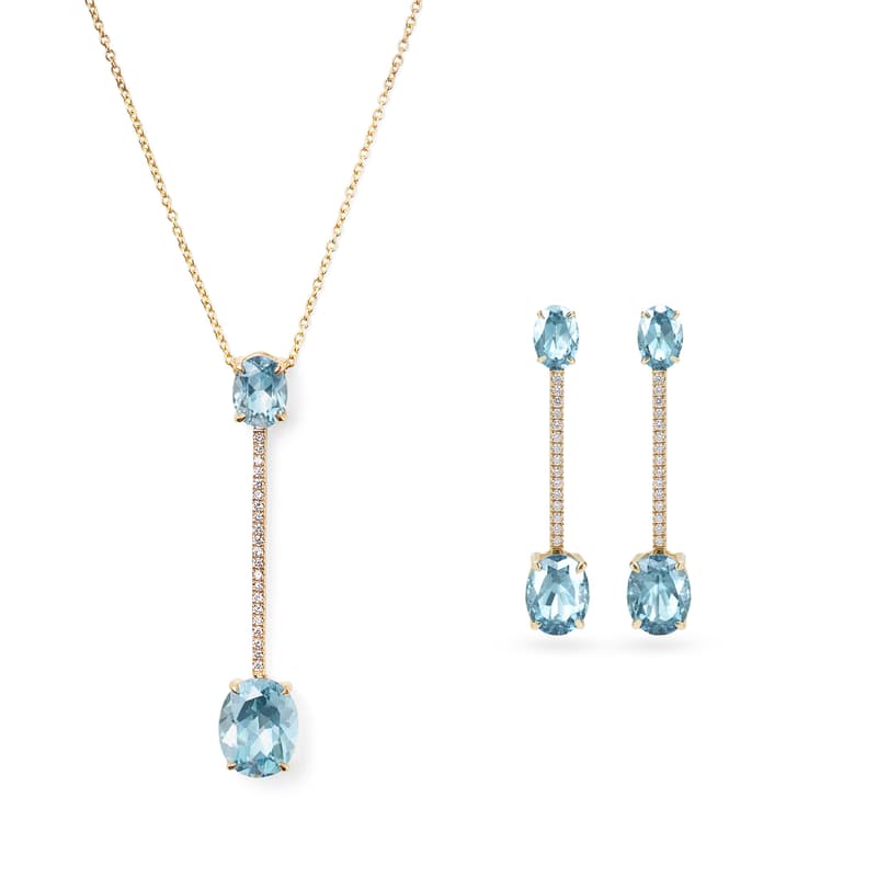 Aspinal of London Straight Drop Necklace & Earrings Set in Diamond, Sky Blue Topaz & 14ct Solid Gold