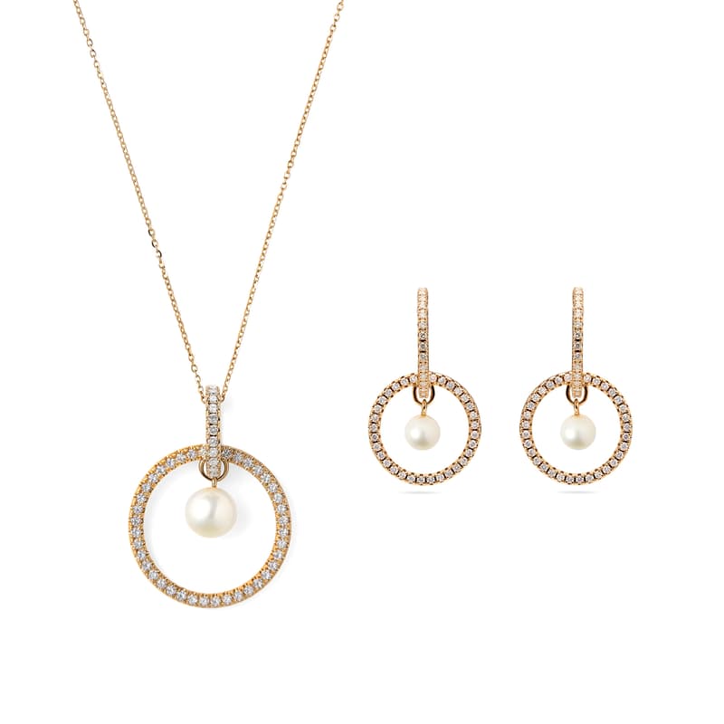 Aspinal of London Diamond & Pearl Halo Pendant & Earrings Set in Diamond, Pearl & 14ct Solid Gold