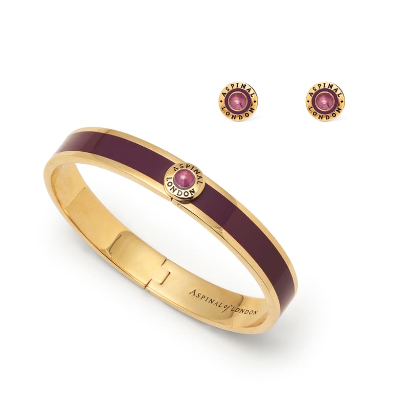 Aspinal of London Enamel Studs & Bangle Set in Fig Enamel, Amethyst & 18ct Gold Plated