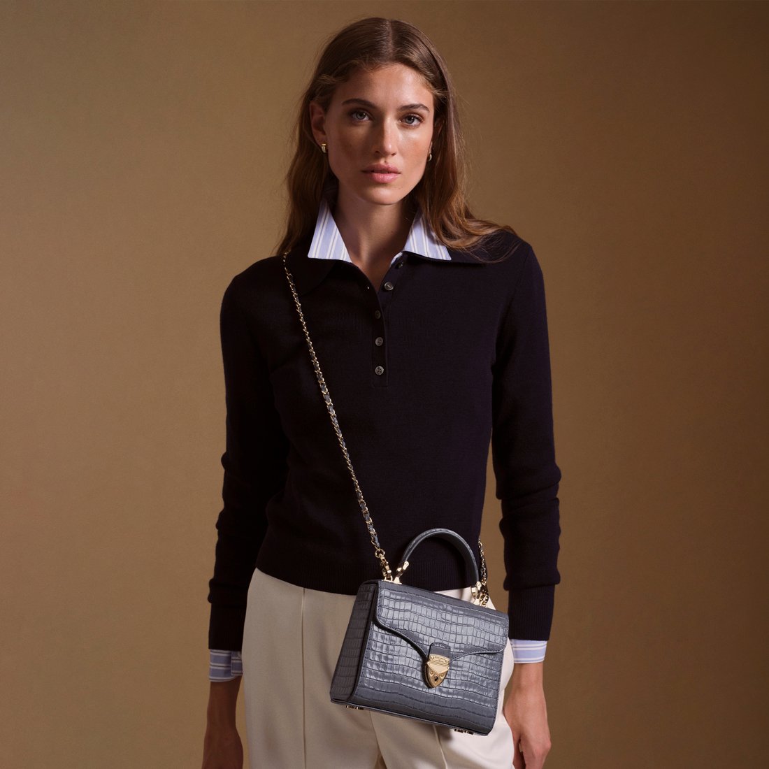 Midi Mayfair® Bag in Deep Shine Dusky Blue Small Croc | Aspinal