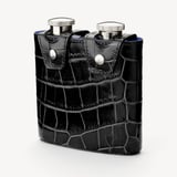 Double 6oz Leather Hip Flask Deep Shine Black Croc & Cobalt Blue Suede