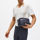 Men's Wash Bag Navy Nylon Canvas with Leather Trim