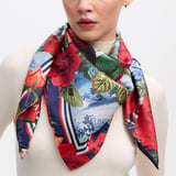 Roses of the Orient Silk Scarf Red & Navy Pure Silk