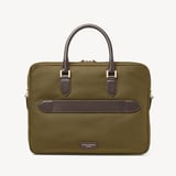 Slim Nylon Briefcase Olive Nylon Canvas with Leather Trim