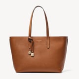 Zipped East West Tote with Shield Charm Tan Pebble