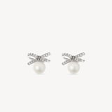 Diamond & Pearl Bow Stud Earrings 0.16ct Diamond