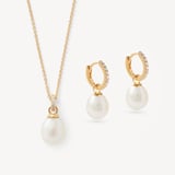 Diamond & Pearl Pendant & Huggie Set Diamond, Pearl & 14ct Solid Gold