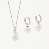 Diamond & Pearl Pendant & Huggie Set Diamond, Pearl & 14ct White Gold