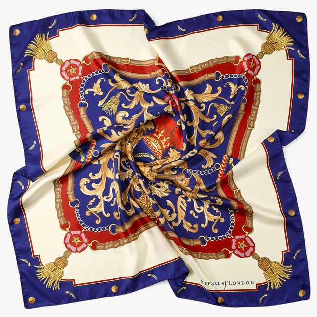 Aspinal Signature Shield Silk Scarf Blue Pure Silk