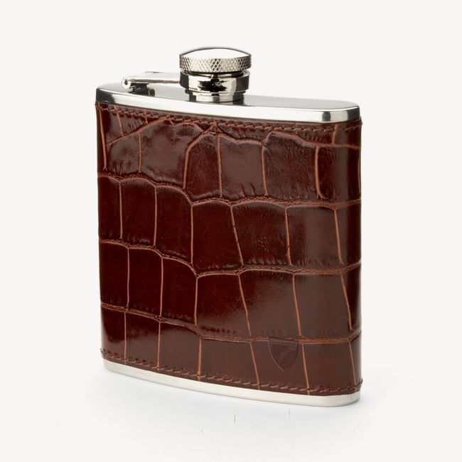 Classic 5oz Leather Hip Flask Deep Shine Amazon Brown Croc