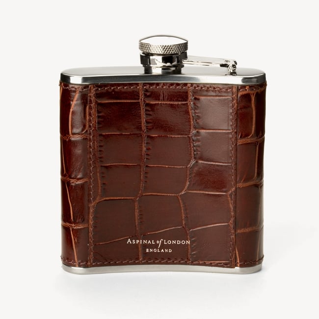 Classic 5oz Leather Hip Flask Deep Shine Amazon Brown Croc