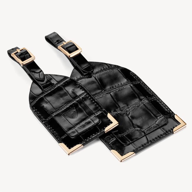 Set of 2 Luggage Tags Deep Shine Black Croc